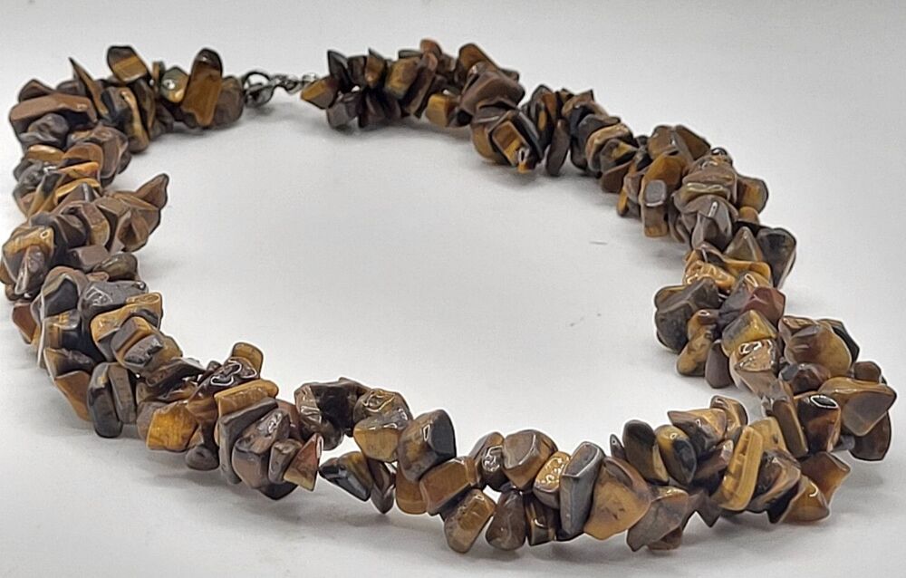 Chunky Tigers Eye Chip Necklace Earthy Statement Beaded Reiki Healing 17in Boho